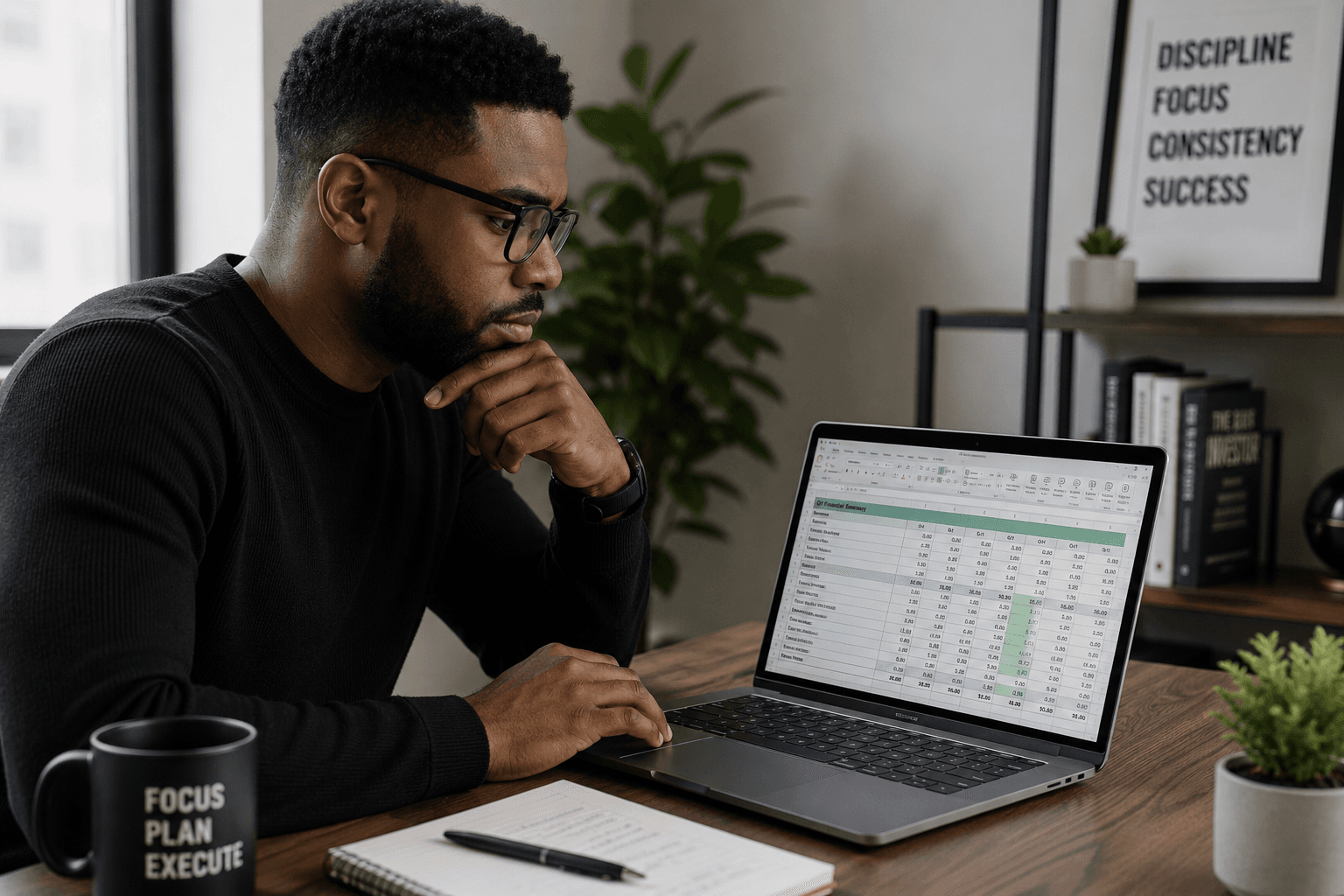 Laptop with spreadsheet open on a desk